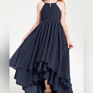 NWT Asymmetrical Chiffon Jr Bridesmaid Navy Dress Halter Spaghetti Straps Size 8